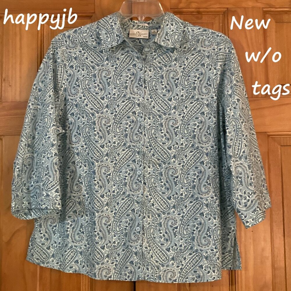 NWOT Studio Works Vintage 90s Top 3/4 Sleeve Wrinkle Free Blouse Blue White 1X